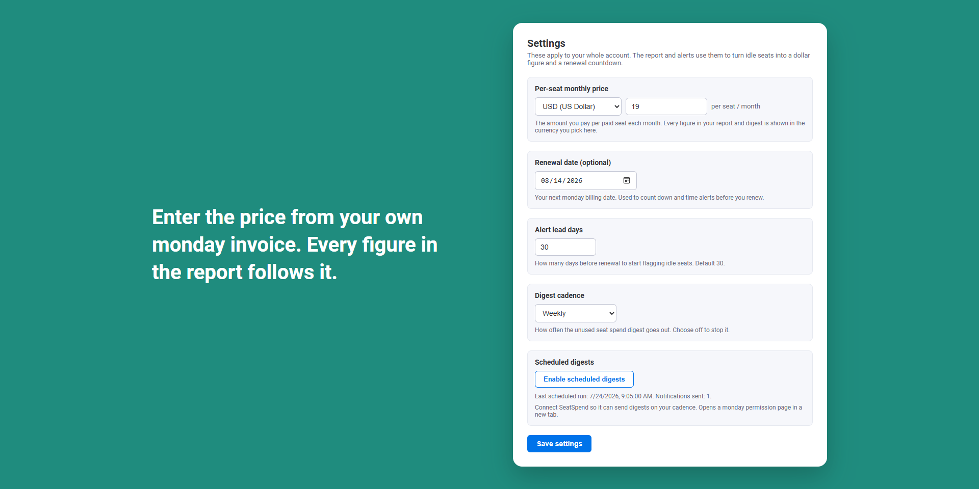 SeatSpend settings with price, currency, renewal date, alert lead days, and cadence